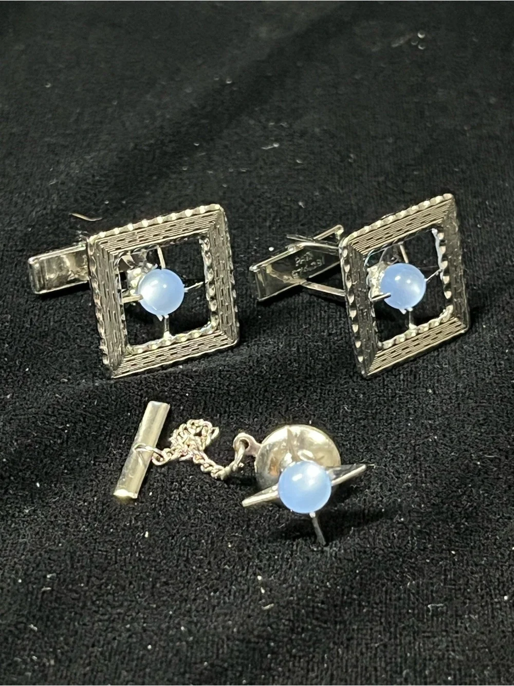 Vintage Silver Blue Moongloe Lucite Cabochon Square Cufflink and Tie Tack Set